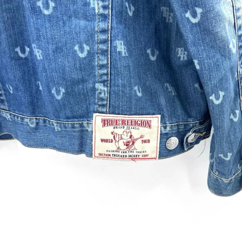 True Religion Monogram Blue Denim Trucker Jacket Mens Size XL